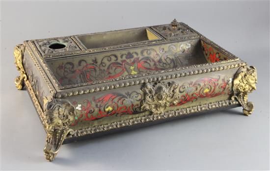 A Victorian gilt brass mounted, red boullework inkstand, 14in.